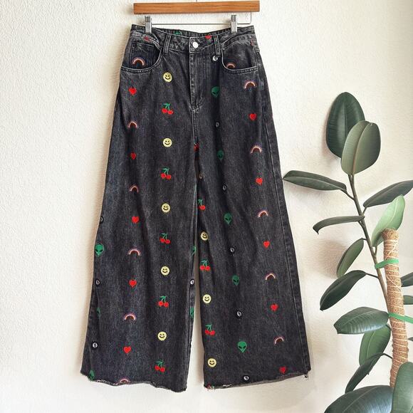 Dressed in LALA Black Wide Leg Jeans with Colorful Embroidery - Picture 1 of 12